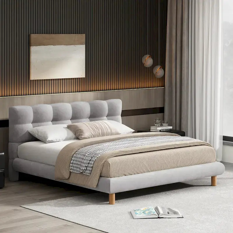 Letto a piattaforma imbottito queen size, moderno giroletto trapuntato con testiera a forma di biscotto per camera degli ospiti e camera da letto