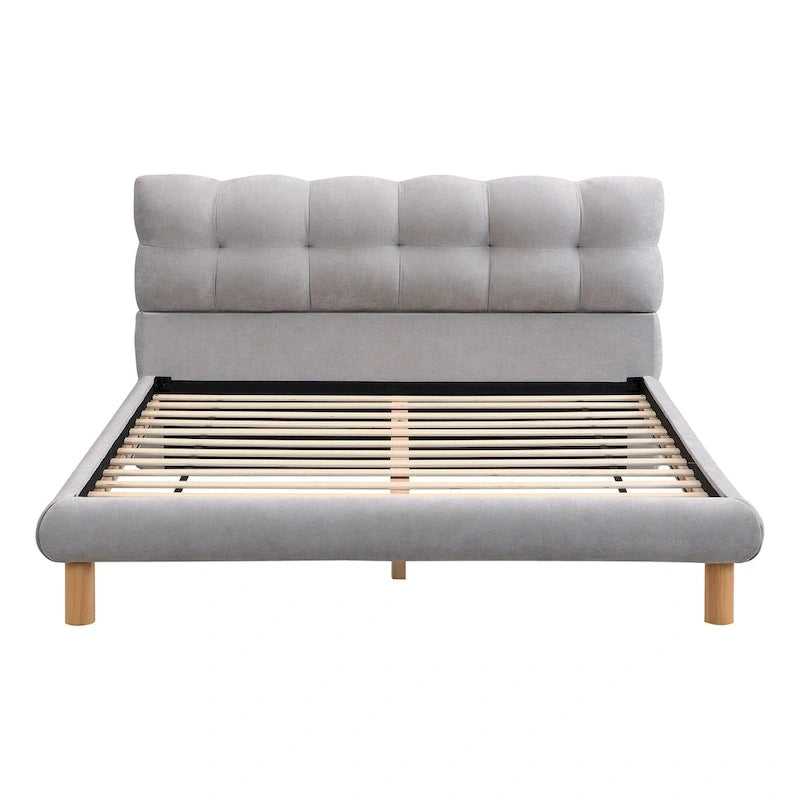 Letto a piattaforma imbottito queen size, moderno giroletto trapuntato con testiera a forma di biscotto per camera degli ospiti e camera da letto