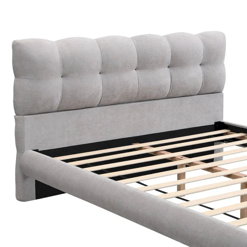 Letto a piattaforma imbottito queen size, moderno giroletto trapuntato con testiera a forma di biscotto per camera degli ospiti e camera da letto