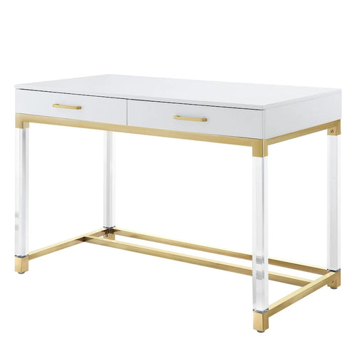 Scrivania 122 cm Bianca Oro Acrilico Acciaio Inossidabile 2 Cassetti Ufficio Casa