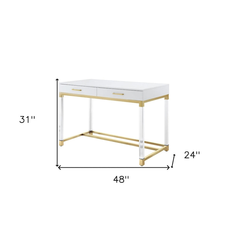 Scrivania 122 cm Bianca Oro Acrilico Acciaio Inossidabile 2 Cassetti Ufficio Casa