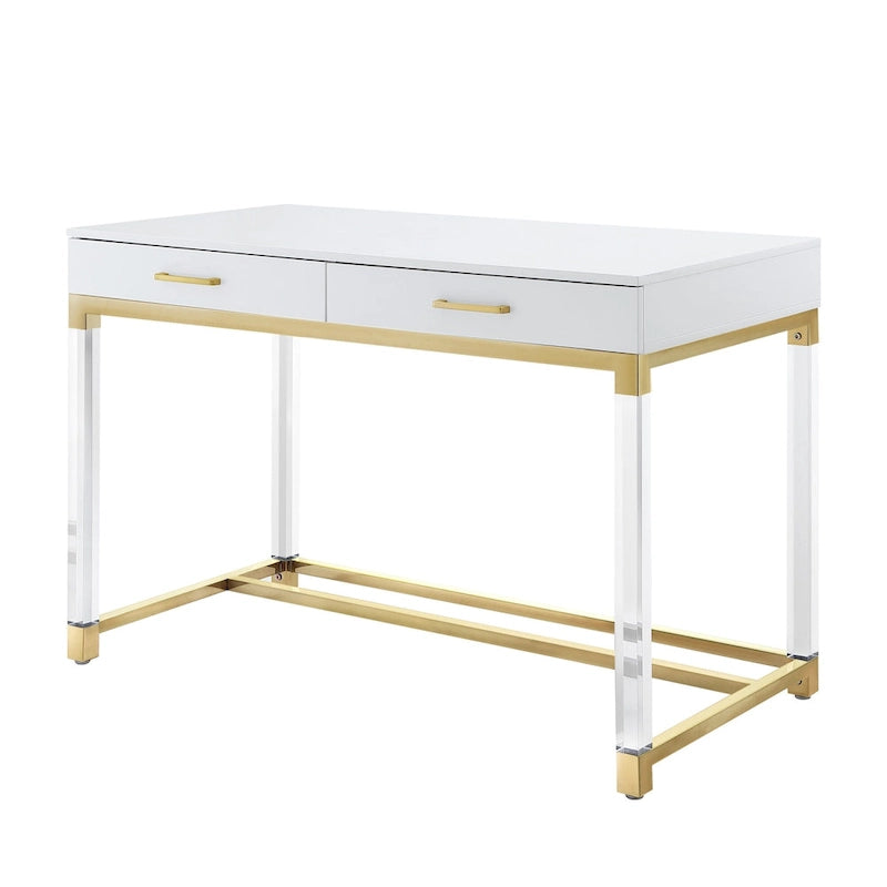 Scrivania 122 cm Bianca Oro Acrilico Acciaio Inossidabile 2 Cassetti Ufficio Casa