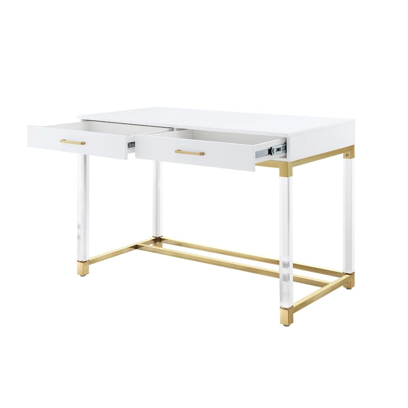 Scrivania 122 cm Bianca Oro Acrilico Acciaio Inossidabile 2 Cassetti Ufficio Casa