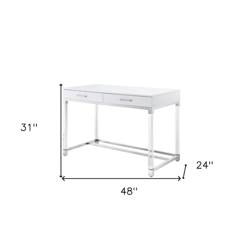 Scrivania 122 cm Bianca Oro Acrilico Acciaio Inossidabile 2 Cassetti Ufficio Casa