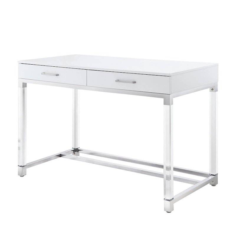 Scrivania 122 cm Bianca Oro Acrilico Acciaio Inossidabile 2 Cassetti Ufficio Casa