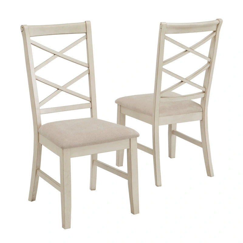 Sedie da pranzo con schienale a croce, set da 2, seduta in tessuto color sabbia, gambe con finitura in legno