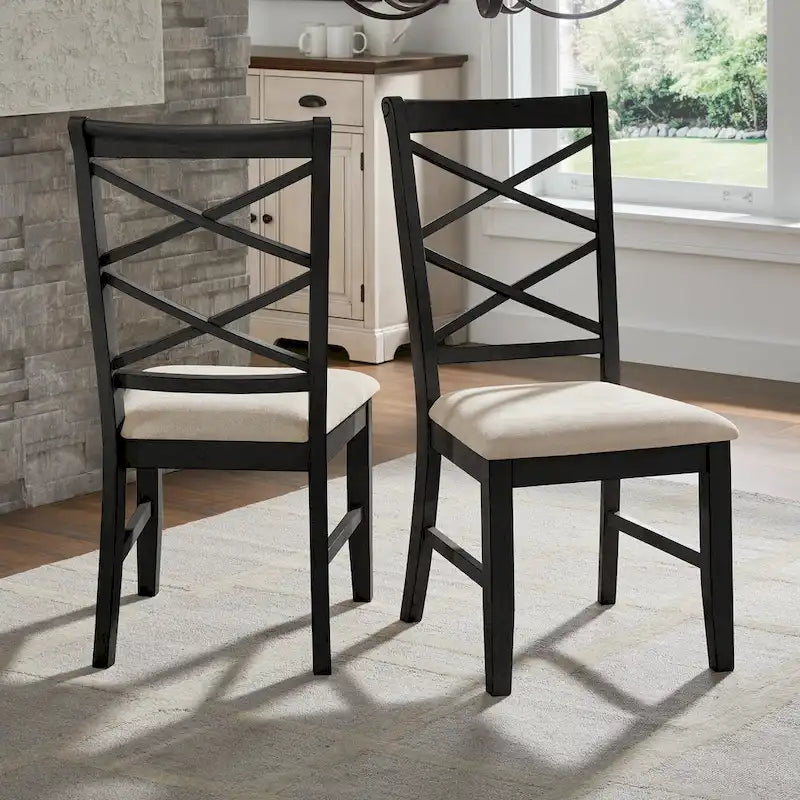 Sedie da pranzo con schienale a croce, set da 2, seduta in tessuto color sabbia, gambe con finitura in legno