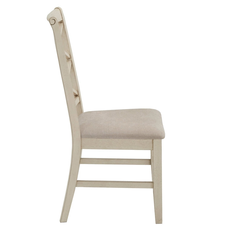 Sedie da pranzo con schienale a croce, set da 2, seduta in tessuto color sabbia, gambe con finitura in legno