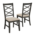 Sedie da pranzo con schienale a croce, set da 2, seduta in tessuto color sabbia, gambe con finitura in legno