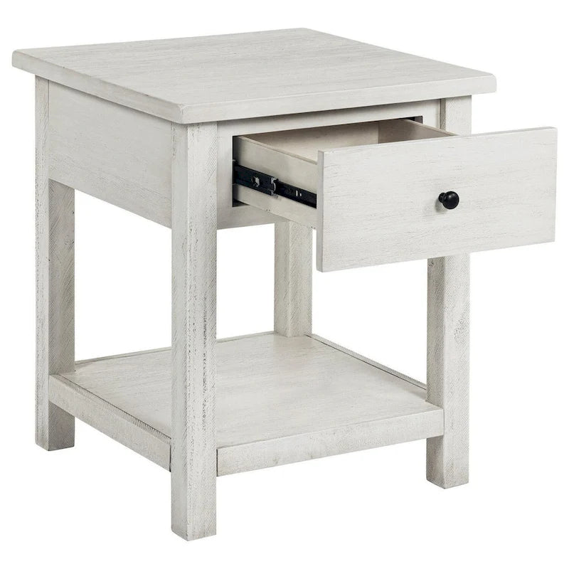 Tavolino Ayne, 1 Cassetto, Legno Bianco Decapato, Quadrato 50 cm