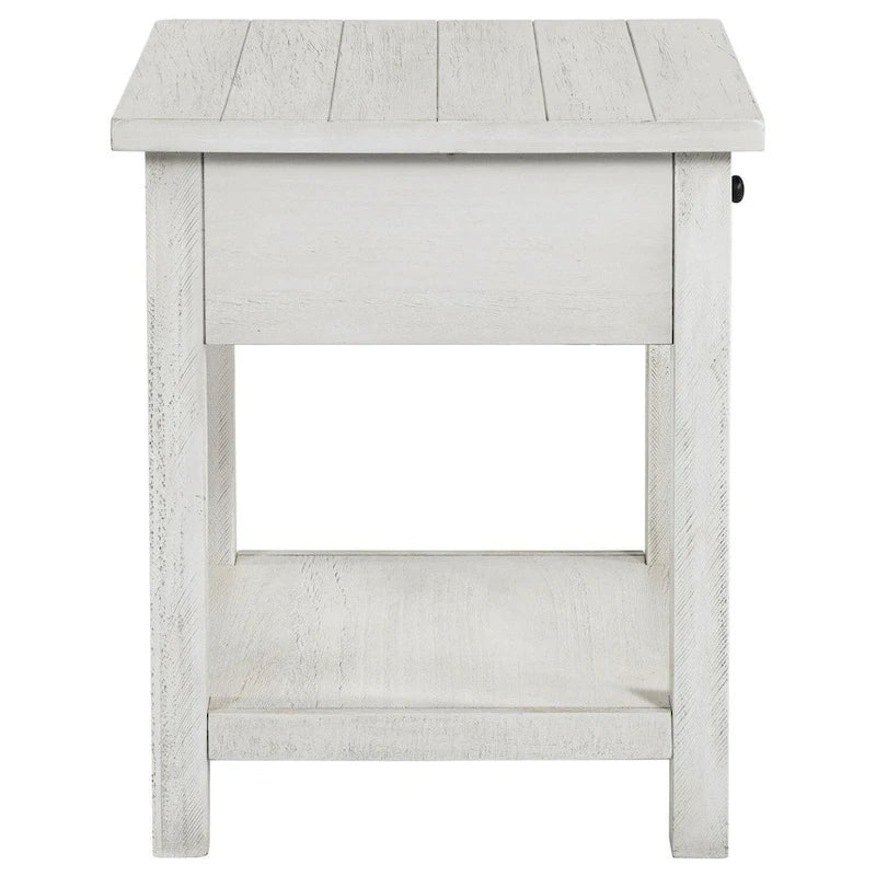 Tavolino Ayne, 1 Cassetto, Legno Bianco Decapato, Quadrato 50 cm