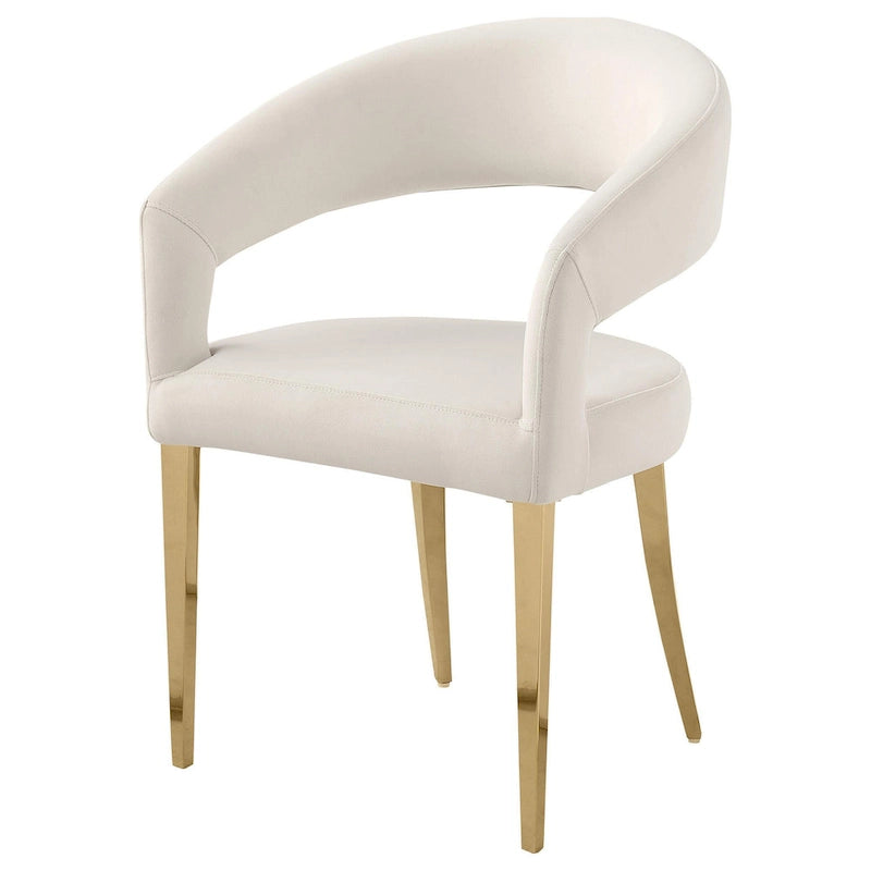 Sedie da pranzo set da 2, schienale curvo aperto, gambe dorate, tessuto bianco, moderno