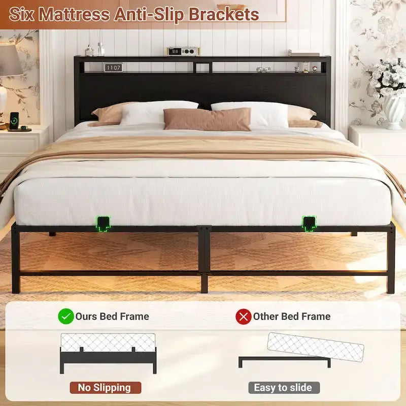 Telaio letto con testiera, Letto a piattaforma in metallo con luci LED e stazione di ricarica