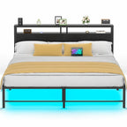 Telaio letto con testiera, Letto a piattaforma in metallo con luci LED e stazione di ricarica