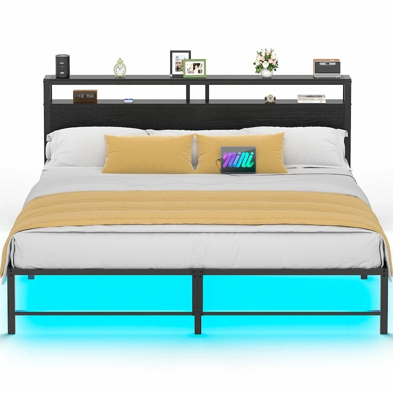Telaio letto con testiera, Letto a piattaforma in metallo con luci LED e stazione di ricarica
