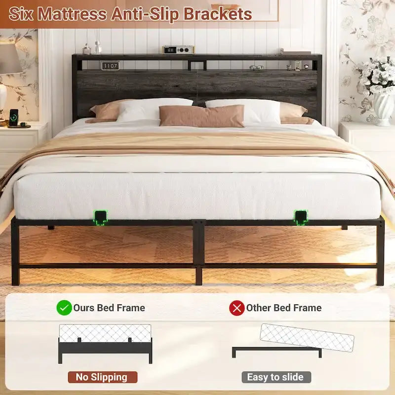 Telaio letto con testiera, Letto a piattaforma in metallo con luci LED e stazione di ricarica