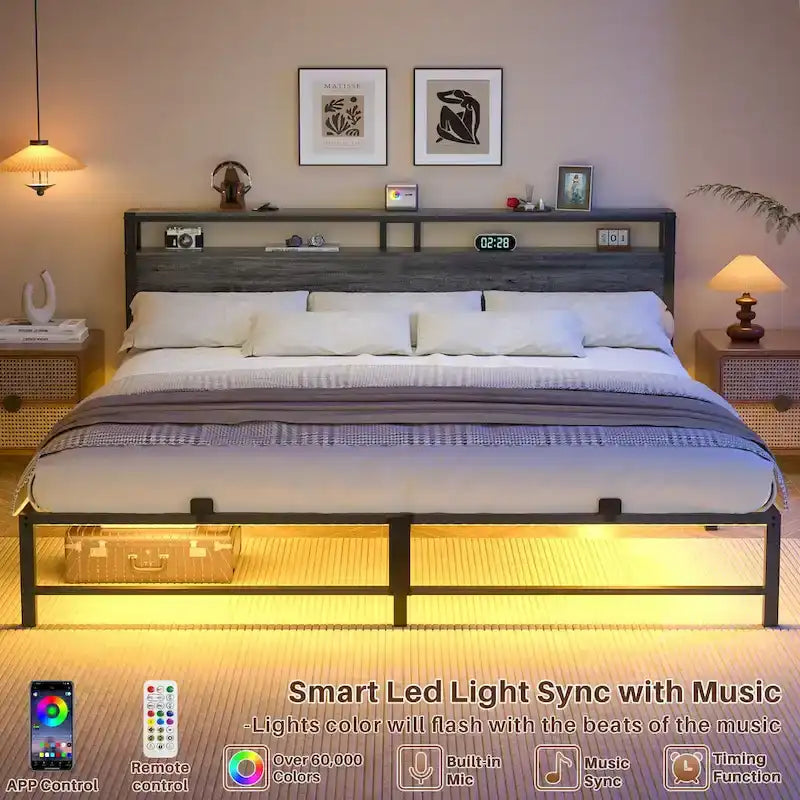 Telaio letto con testiera, Letto a piattaforma in metallo con luci LED e stazione di ricarica