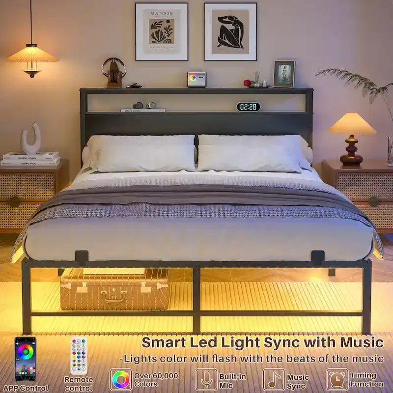 Telaio letto con testiera, Letto a piattaforma in metallo con luci LED e stazione di ricarica