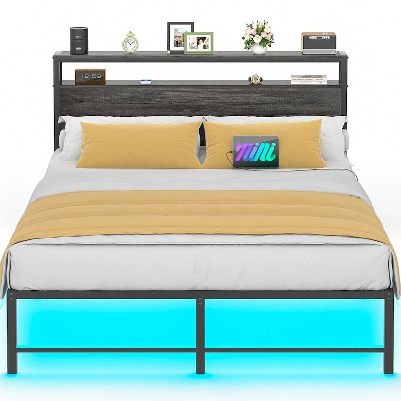 Telaio letto con testiera, Letto a piattaforma in metallo con luci LED e stazione di ricarica