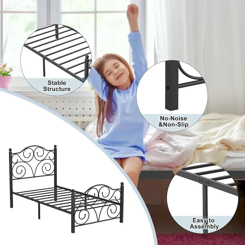 Classico telaio letto in metallo nero a volute con piattaforma