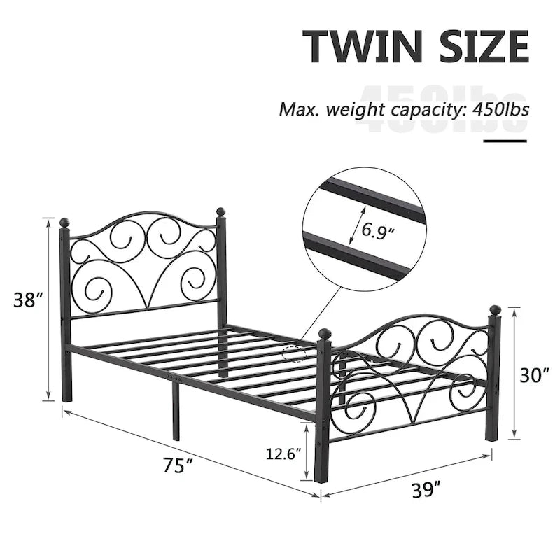 Classico telaio letto in metallo nero a volute con piattaforma
