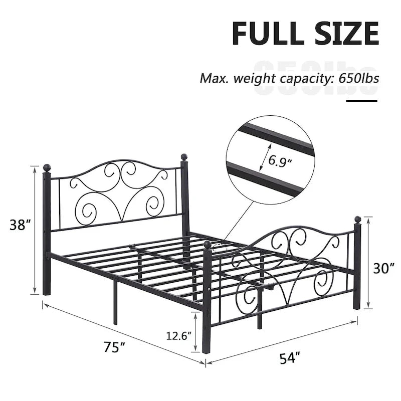 Classico telaio letto in metallo nero a volute con piattaforma