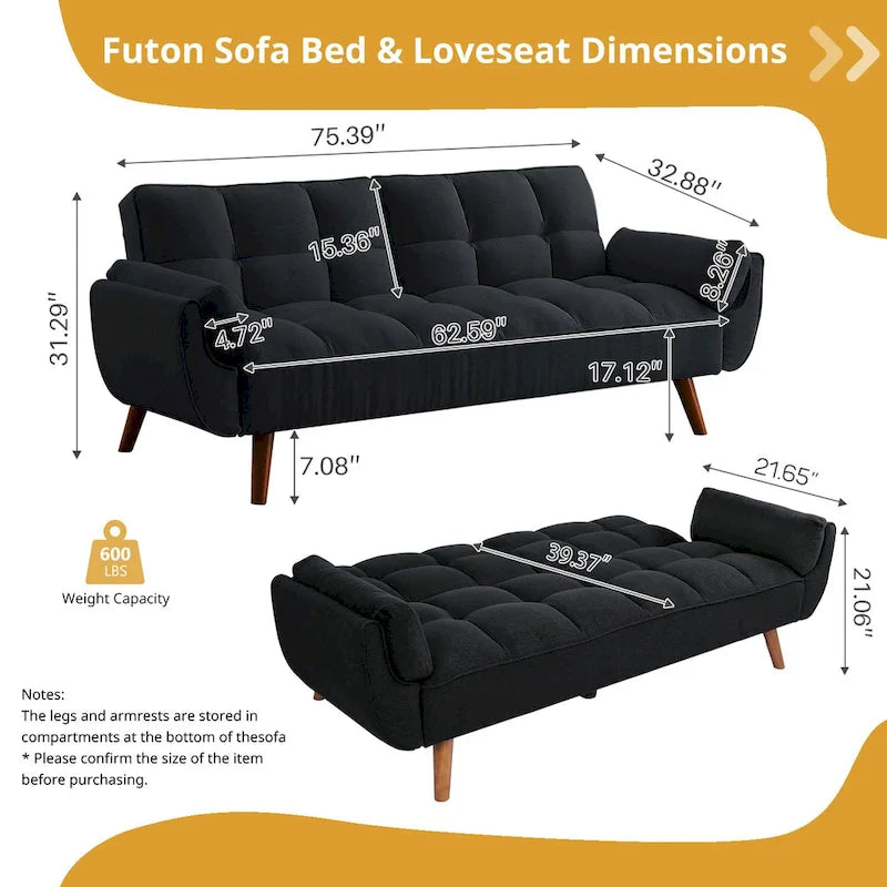 Divano letto futon da 191,5 cm (75,39 pollici), divano letto imbottito convertibile con schienale trapuntato sdoppiato reclinabile