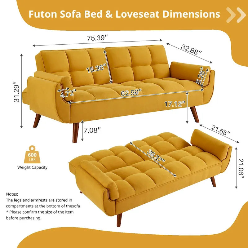 Divano letto futon da 191,5 cm (75,39 pollici), divano letto imbottito convertibile con schienale trapuntato sdoppiato reclinabile