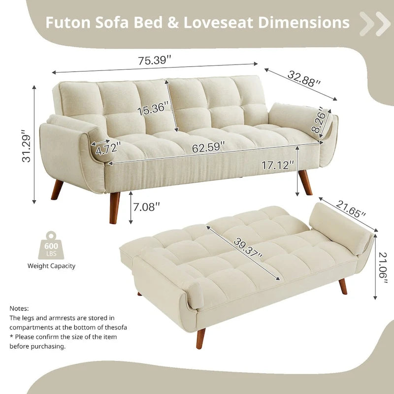 Divano letto futon da 191,5 cm (75,39 pollici), divano letto imbottito convertibile con schienale trapuntato sdoppiato reclinabile