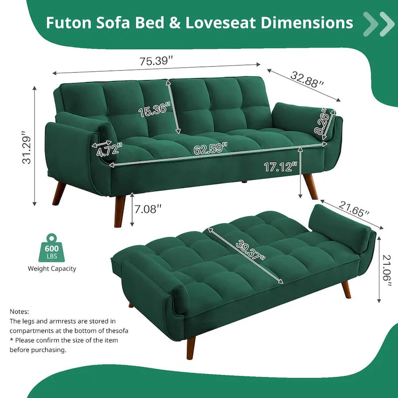 Divano letto futon da 191,5 cm (75,39 pollici), divano letto imbottito convertibile con schienale trapuntato sdoppiato reclinabile