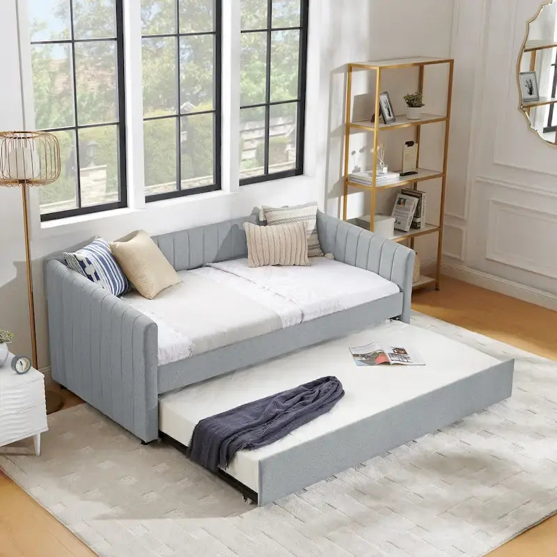 Divano letto singolo in lino con rotelle e righe verticali - Capacità 227 kg