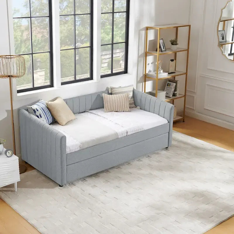 Divano letto singolo in lino con rotelle e righe verticali - Capacità 227 kg