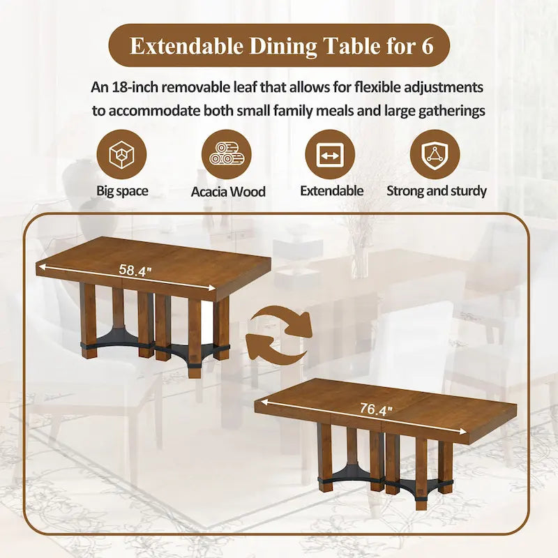 Set da pranzo rustico da 7 pezzi con tavolo allungabile e 6 sedie