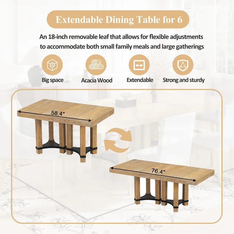 Set da pranzo rustico da 7 pezzi con tavolo allungabile e 6 sedie