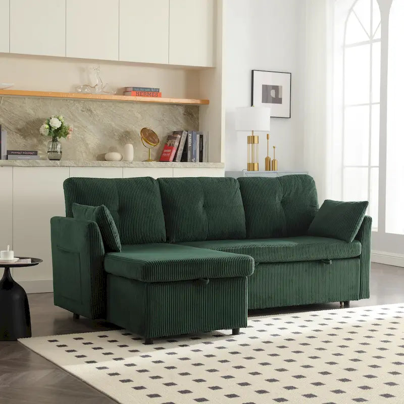 Divano modulare a 3 posti a L verde 81.1 con chaise longue reversibile e vano portaoggetti, divano letto in velluto felpato per soggiorno