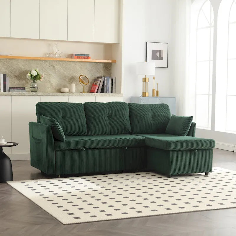 Divano modulare a 3 posti a L verde 81.1 con chaise longue reversibile e vano portaoggetti, divano letto in velluto felpato per soggiorno