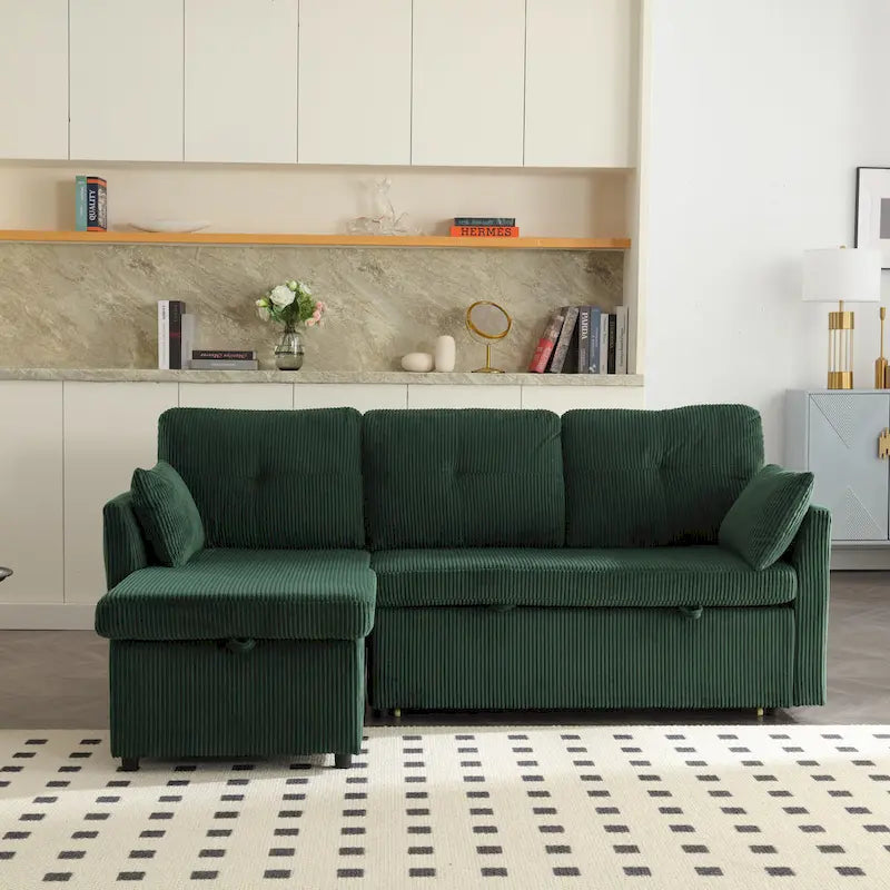Divano modulare a 3 posti a L verde 81.1 con chaise longue reversibile e vano portaoggetti, divano letto in velluto felpato per soggiorno