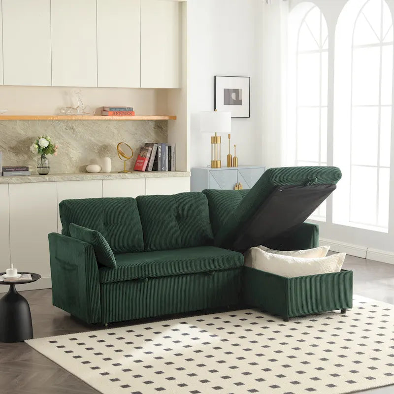 Divano modulare a 3 posti a L verde 81.1 con chaise longue reversibile e vano portaoggetti, divano letto in velluto felpato per soggiorno