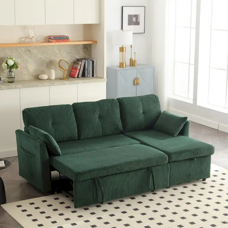Divano modulare a 3 posti a L verde 81.1 con chaise longue reversibile e vano portaoggetti, divano letto in velluto felpato per soggiorno