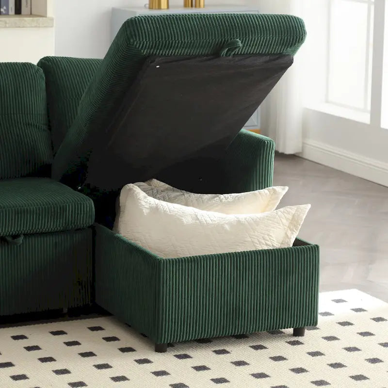 Divano modulare a 3 posti a L verde 81.1 con chaise longue reversibile e vano portaoggetti, divano letto in velluto felpato per soggiorno