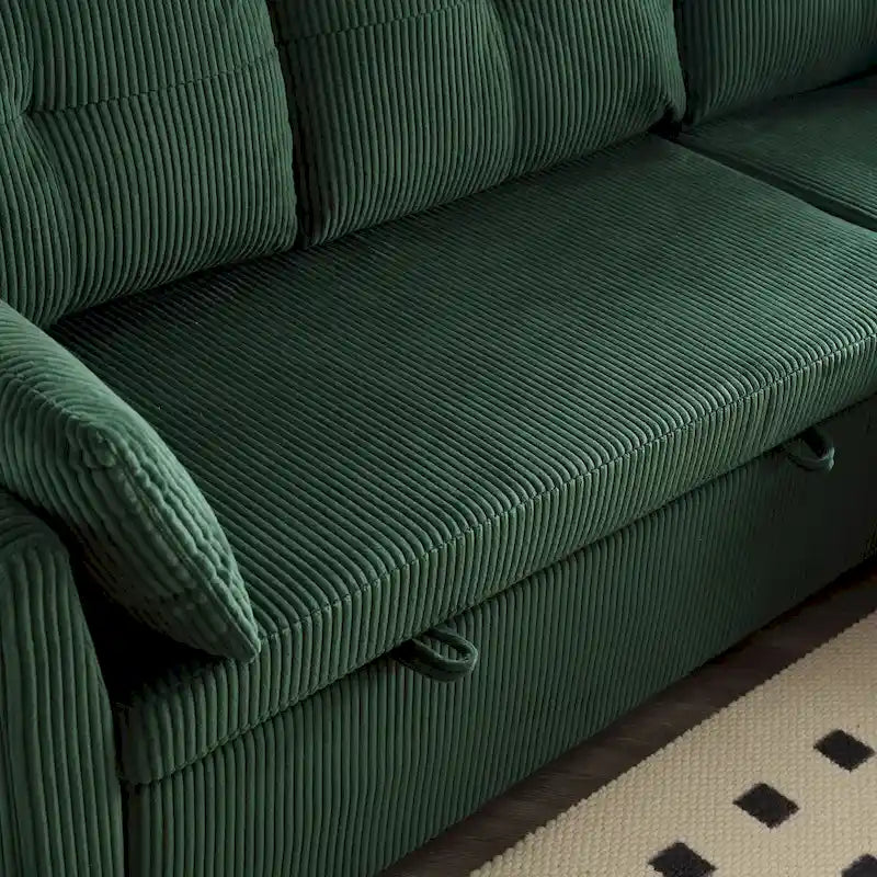 Divano modulare a 3 posti a L verde 81.1 con chaise longue reversibile e vano portaoggetti, divano letto in velluto felpato per soggiorno