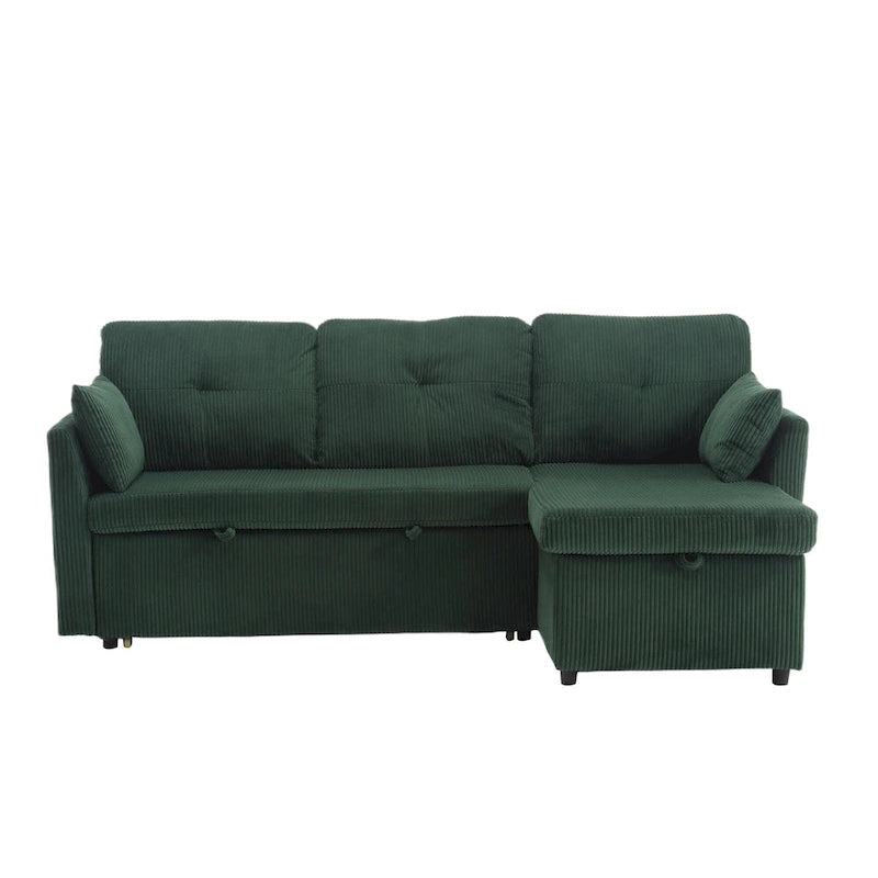 Divano modulare a 3 posti a L verde 81.1 con chaise longue reversibile e vano portaoggetti, divano letto in velluto felpato per soggiorno