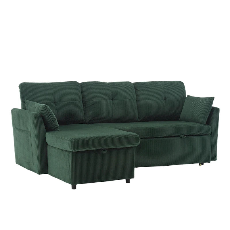 Divano modulare a 3 posti a L verde 81.1 con chaise longue reversibile e vano portaoggetti, divano letto in velluto felpato per soggiorno