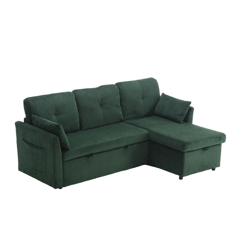 Divano modulare a 3 posti a L verde 81.1 con chaise longue reversibile e vano portaoggetti, divano letto in velluto felpato per soggiorno