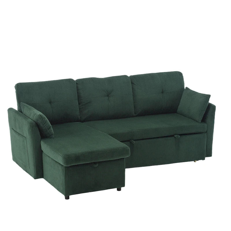 Divano modulare a 3 posti a L verde 81.1 con chaise longue reversibile e vano portaoggetti, divano letto in velluto felpato per soggiorno