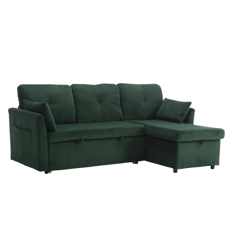 Divano modulare a 3 posti a L verde 81.1 con chaise longue reversibile e vano portaoggetti, divano letto in velluto felpato per soggiorno