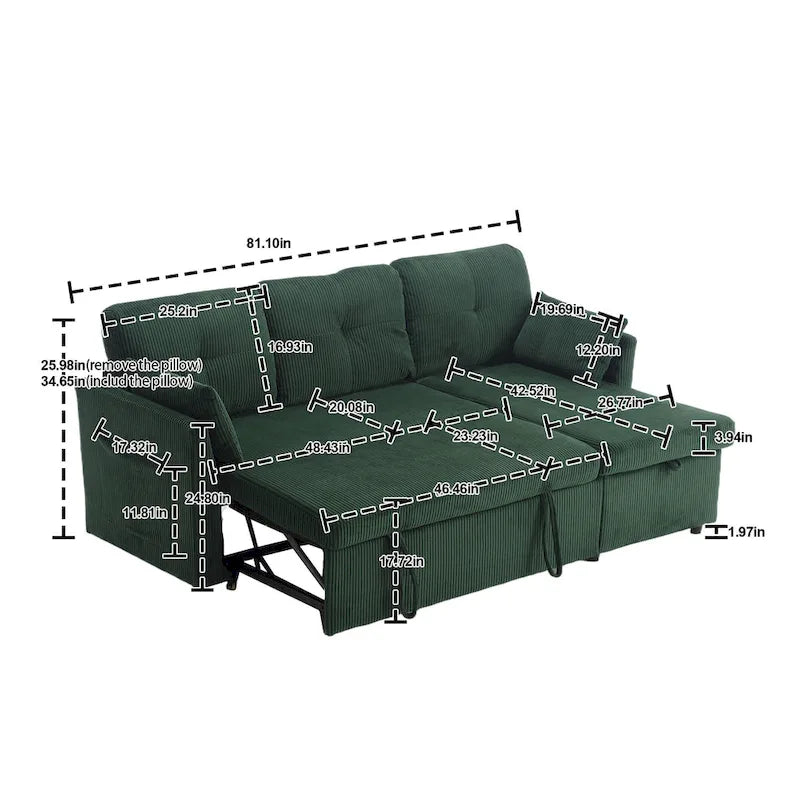 Divano modulare a 3 posti a L verde 81.1 con chaise longue reversibile e vano portaoggetti, divano letto in velluto felpato per soggiorno