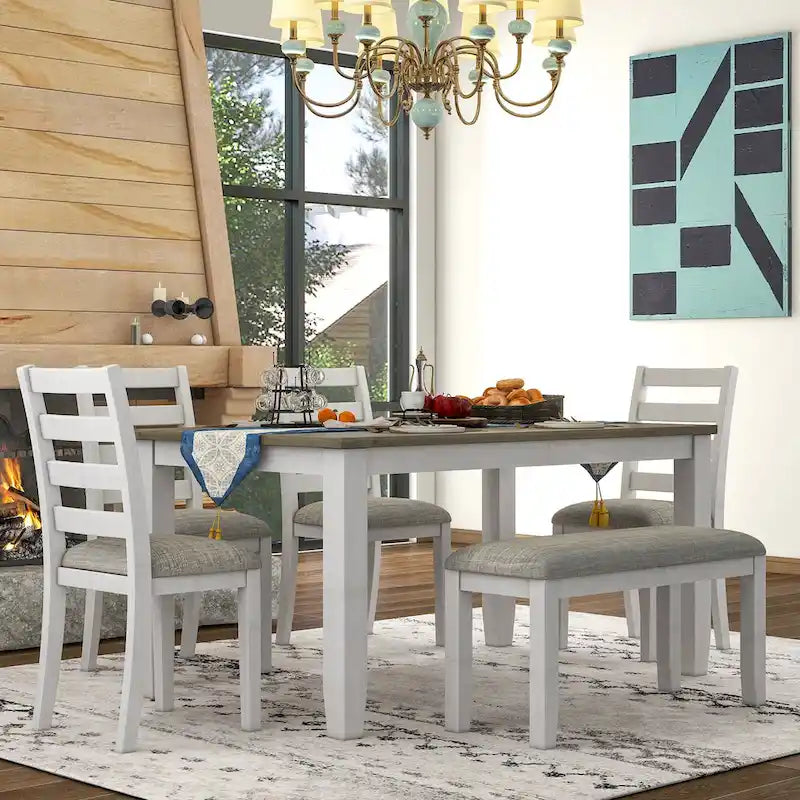Set da tavolo da pranzo in legno 6 pezzi marrone+bianco con tavolo rettangolare, 4 sedie e panca
