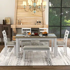 Set da tavolo da pranzo in legno 6 pezzi marrone+bianco con tavolo rettangolare, 4 sedie e panca