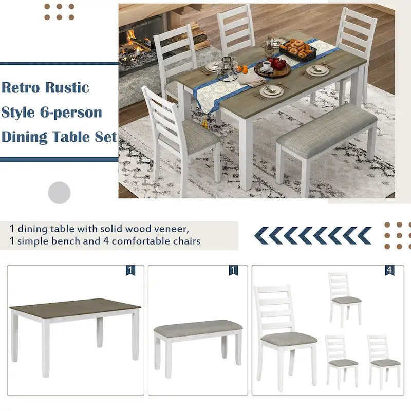 Set da tavolo da pranzo in legno 6 pezzi marrone+bianco con tavolo rettangolare, 4 sedie e panca